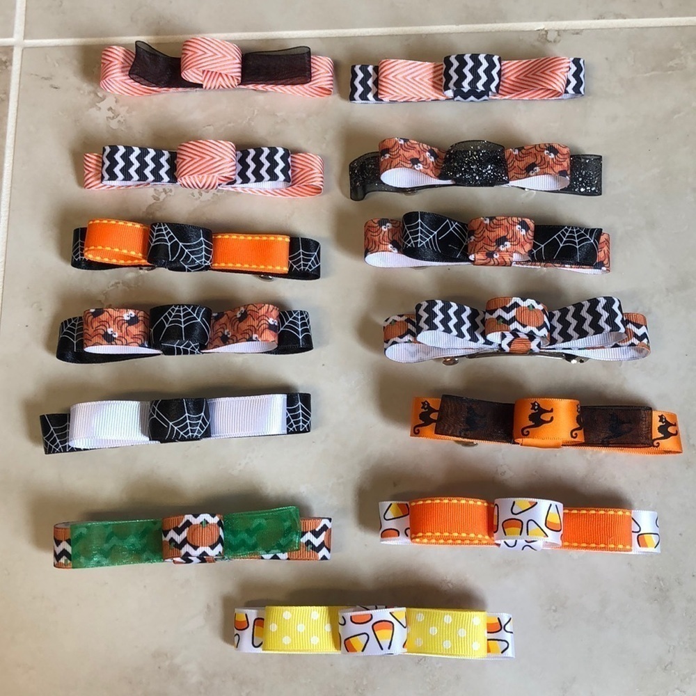 13 Halloween Hair Bow Barrettes Set Orange Black Candy Corn Spider Pumpkin Girls